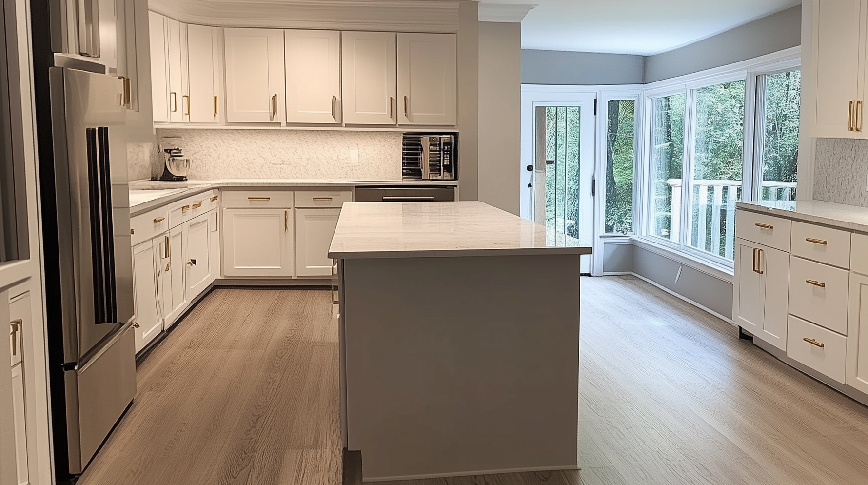 BOCA Renovations kitchen with white shaker cabinets, gold hardware, and quartz countertops